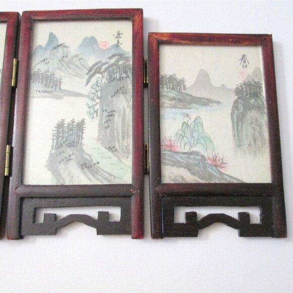 Vintage Miniature Chinese Four Panel Screen Dual Sided Hand Painted Signed 6.5" - Picture 8 of 13